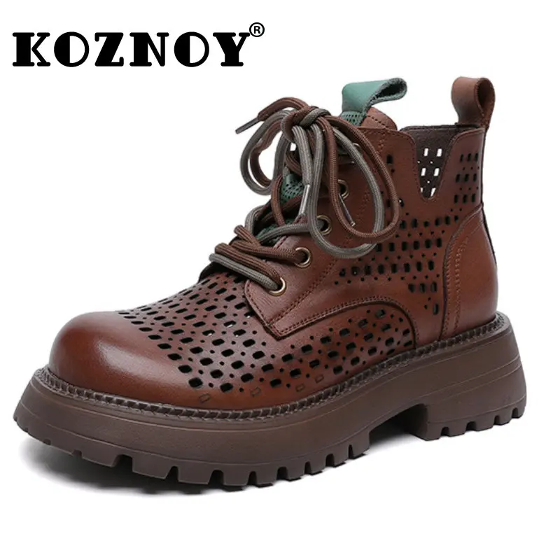 

Koznoy 5cm Ethnic Moccasin Hollow Breathable Retro Natural Cow Genuine Leather New In Women Boots Print Ankle Summer Comfy Shoes