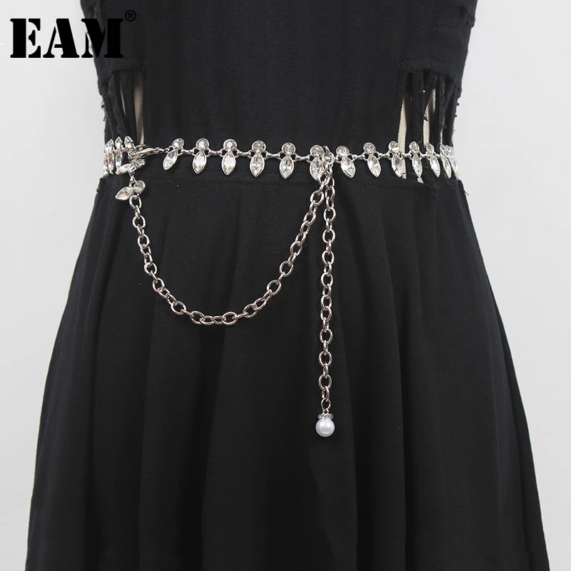 

[EAM] Metal Chain Rhinestones Long Shining Belt Personality Women New Fashion Tide All-match Spring Autumn 2023 1DF1336