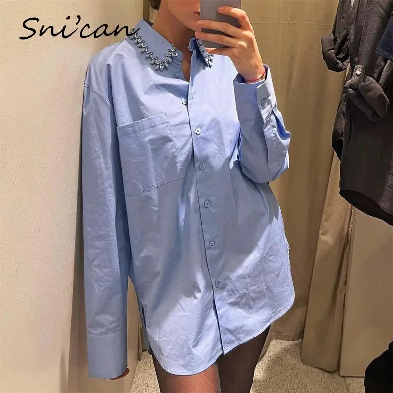 Blue Office Ladies Blouse Fashion Spring Beads Diamond Collar Basic Casual Women Tops 2022 Vintage Femme Chandails Shirts Blusas
Blue Office Ladies Blouse Fashion Spring Beads Diamond Collar Basic Casual Women Tops 2022 Vintage Femme Chandails Shirts Blusas