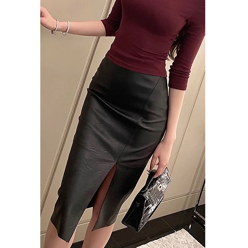 

Sexy Office Lady Split fashion Black PU Leather Skirts Women 2022 New Midi Sexy High Waist Bodycon skirts party wear