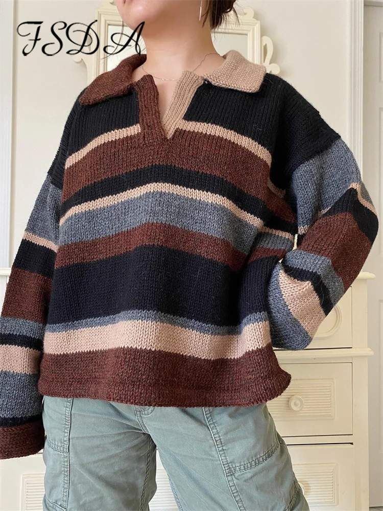 FSDA Striped Knitted Turn Drown Neck Long Sleeve Oversized Sweater T Shirt Winter Women Casual Loose England Style Pullover Warm
FSDA Striped Knitted Turn Drown Neck Long Sleeve Oversized Sweater T Shirt Winter Women Casual Loose England Style Pullover Warm