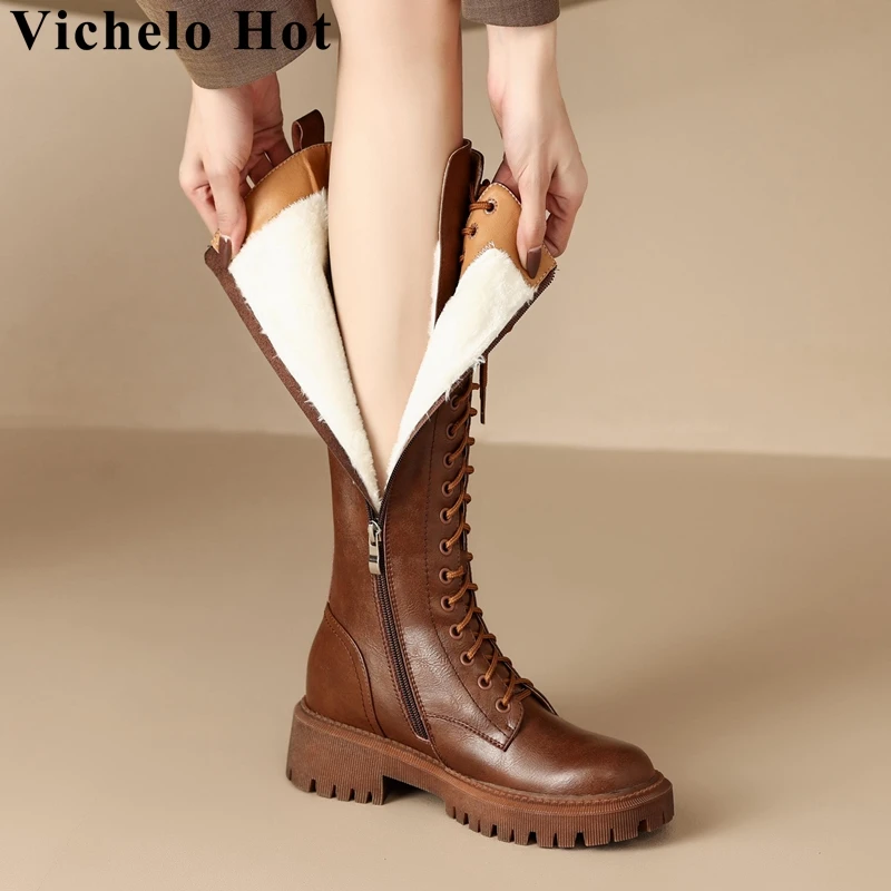 Vichelo Hot Genuine Leather Med Heels Round Toe Snow Boots Platform Rivets Keep Warm Fur Cross-tied Zipper Over-the-knee Boots
Vichelo Hot Genuine Leather Med Heels Round Toe Snow Boots Platform Rivets Keep Warm Fur Cross-tied Zipper Over-the-knee Boots