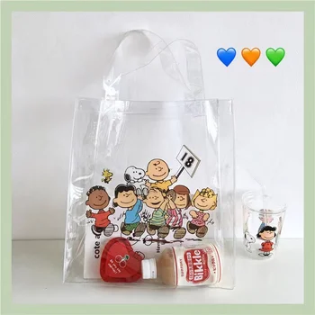 Kawaii Anime Snoopys Cartoon Transparent Waterproof Tote Bag Large Capacity Jelly Shoulder Bag Beach Shopping Bags Girls Gifts