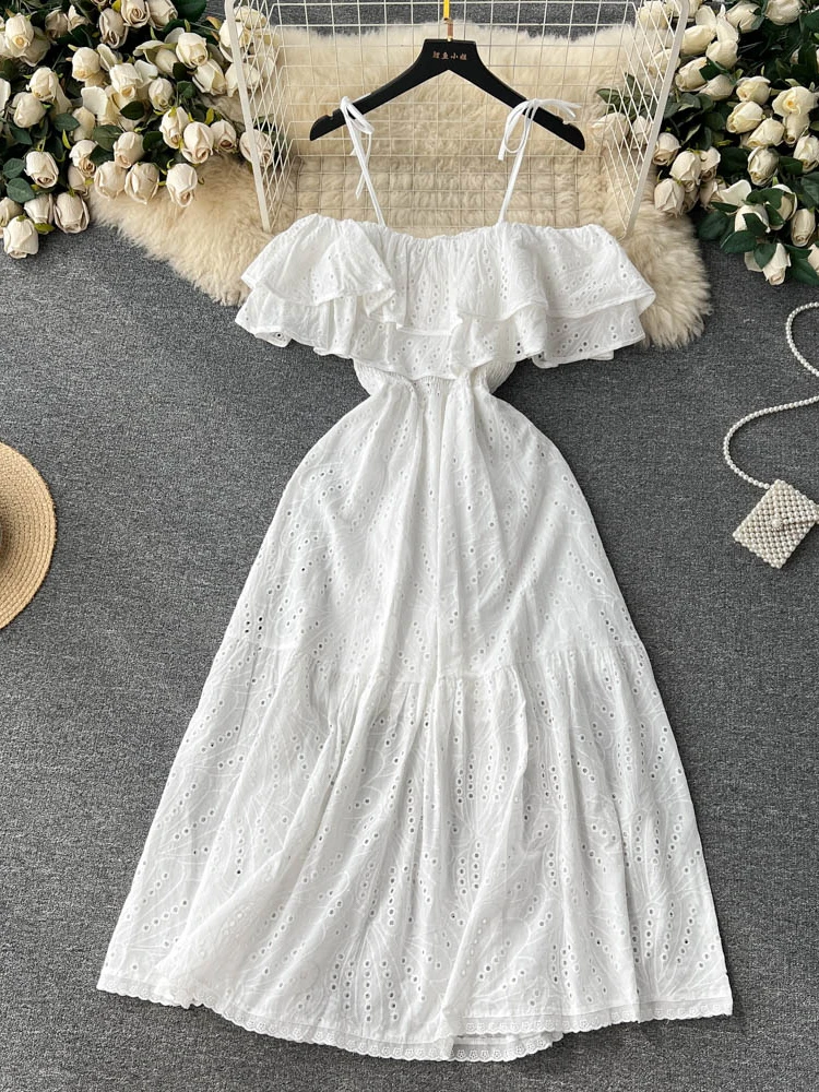 Summer Clothing for Women White Dress Off Shoulder Strap Slash Neck Hollow Hook Flower Ruffle Edge Slim Long Dress 
Summer Clothing for Women White Dress Off Shoulder Strap Slash Neck Hollow Hook Flower Ruffle Edge Slim Long Dress
