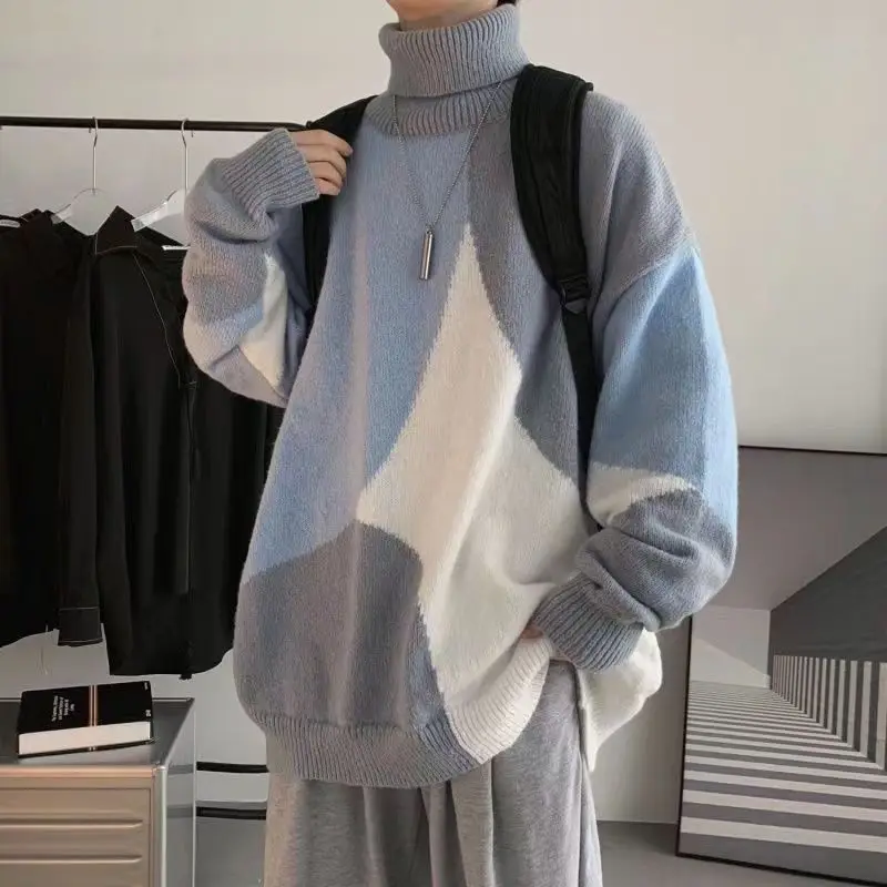 Свитер мужской с высоким воротником пуловер в стиле пэчворк Свободный вязаный