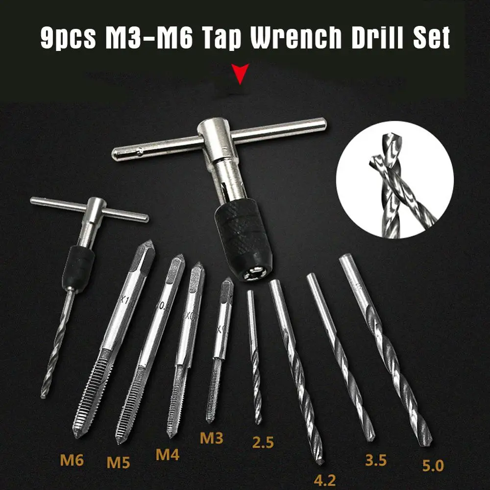 9pcs M3-M6 High Speed Steel Tap Wrench Drill Set Hand Tapping Tools Metric Screw Thread Twist Drill Bit Wrench Set Craft Tap
9pcs M3-M6 High Speed Steel Tap Wrench Drill Set Hand Tapping Tools Metric Screw Thread Twist Drill Bit Wrench Set Craft Tap
