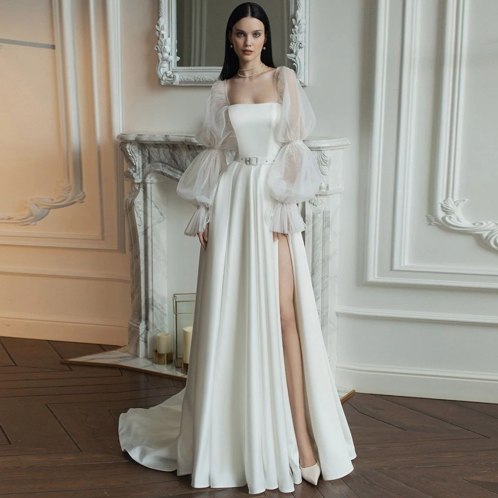 Elegant Bridal Dress Illusion Long Sleeves Square Collar Side Slit Sexy Wedding Dress Belt Draped Backless Modern Wedding Gown
Elegant Bridal Dress Illusion Long Sleeves Square Collar Side Slit Sexy Wedding Dress Belt Draped Backless Modern Wedding Gown