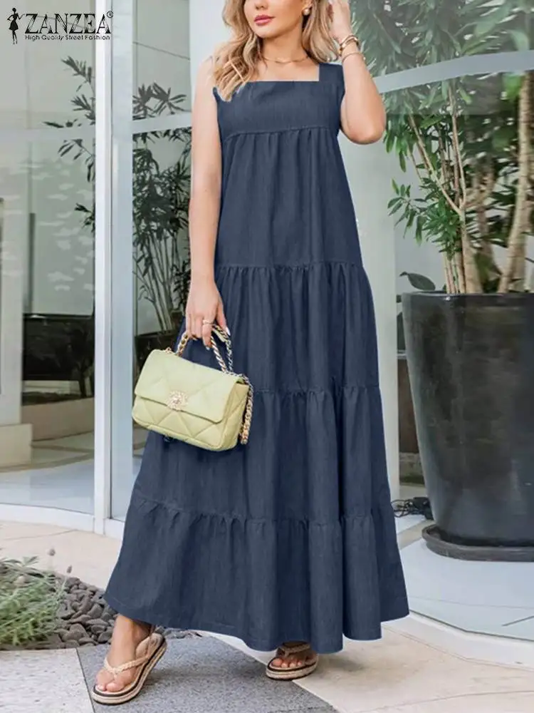 

Коллекция 2023 года, Синее джинсовое платье ZANZEA, модное женское джинсовое платье, летние длинные платья-Макси, повседневный праздничный сарафан свободного кроя, женское платье
