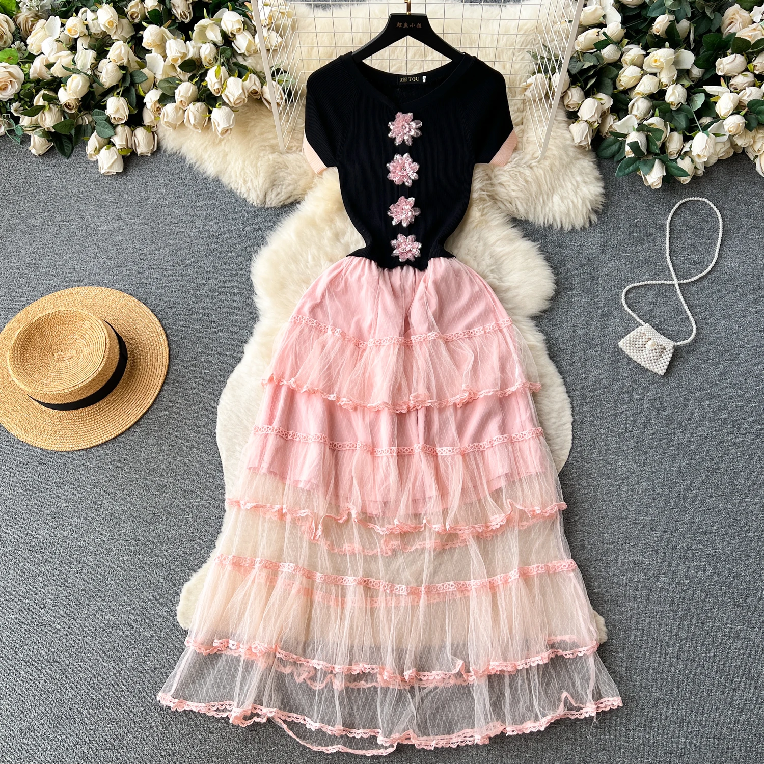 

Женское трикотажное платье с цветочной вышивкой, элегантное милое длинное платье составного кроя с круглым вырезом и оборками, облегающее розовое платье на лето 2023