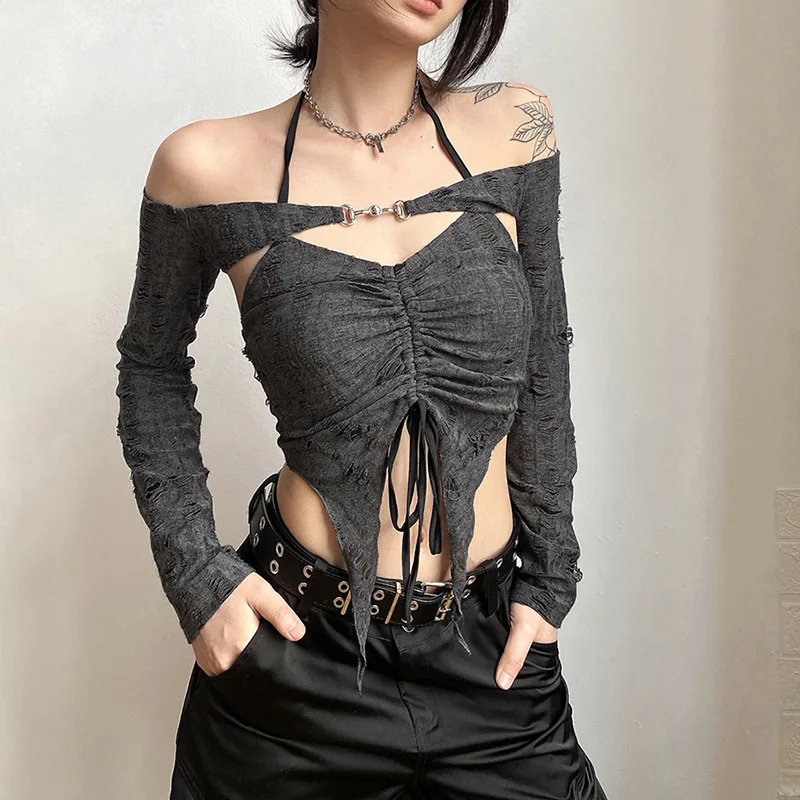 Solid Color Short T-Shirt Slim Navel Long Sleeve Pleated Collar T-Shirt 2023 Trend Spring Summer Gray Fashion Women's Wear
Solid Color Short T-Shirt Slim Navel Long Sleeve Pleated Collar T-Shirt 2023 Trend Spring Summer Gray Fashion Women's Wear