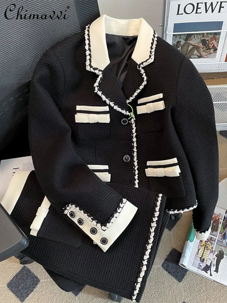 Office Lady Suit Autumn New Fashion Elegant Contrast Color Weave Striped Short Style Long Sleeve Coat Skirt Two-Piece Set Women 
Office Lady Suit Autumn New Fashion Elegant Contrast Color Weave Striped Short Style Long Sleeve Coat Skirt Two-Piece Set Women