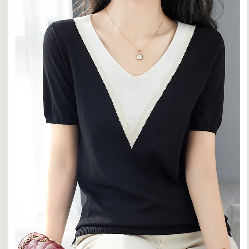 Poleras Mujer V Neck T Shirt Women Contrast Color Top Knit Short Sleeve Tshirt 2022 Summer Woman Clothing Casual Tee Shirt Femme
Poleras Mujer V Neck T Shirt Women Contrast Color Top Knit Short Sleeve Tshirt 2022 Summer Woman Clothing Casual Tee Shirt Femme
