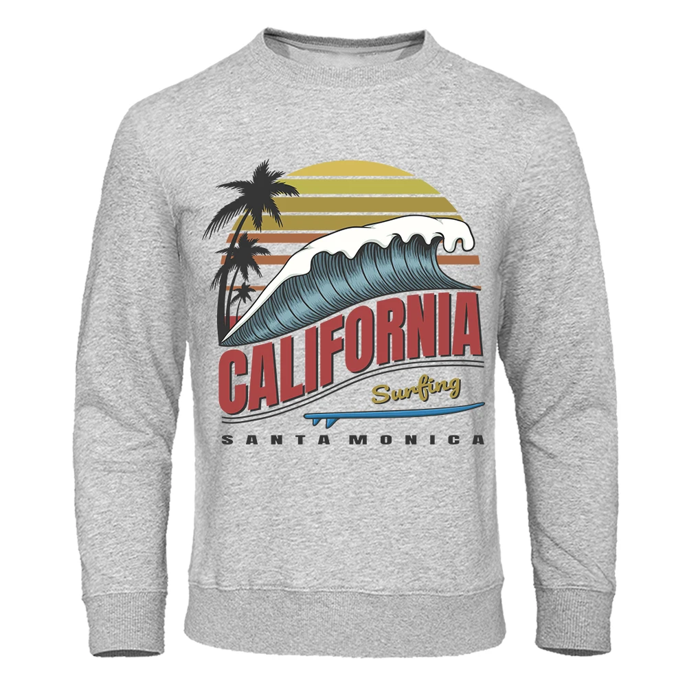 

Пляжная мужская одежда Калифорния, серфинг, Санта-Моника, флисовая модная толстовка, осенние толстовки оверсайз, пуловер с круглым вырезом, Свитшот