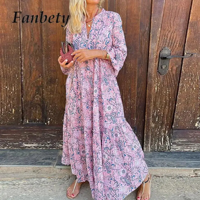 2023 Female Loose Bohe Dress New Vintage Pattern Print V-neck Party Dress Spring Summer Women 3/4 Sleeve Beach Maxi Dresses
2023 Female Loose Bohe Dress New Vintage Pattern Print V-neck Party Dress Spring Summer Women 3/4 Sleeve Beach Maxi Dresses