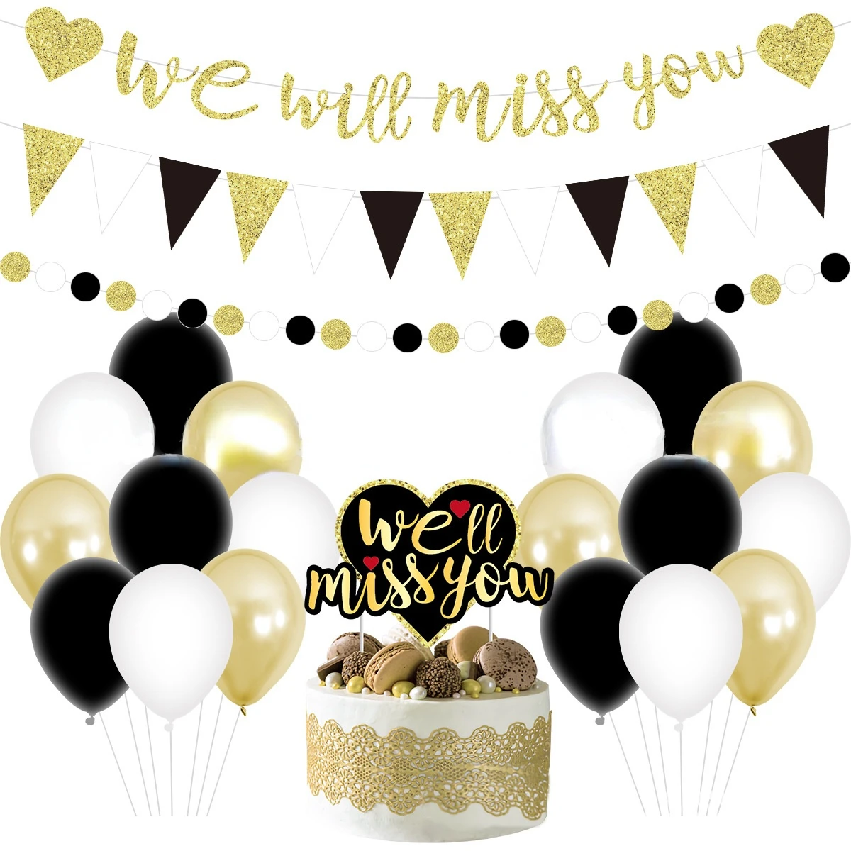 JOYMEMO Farewell Theme Party Decoration Black Gold We Will Miss You Banner Cake Topper Latex Balloon for Party Supplies
JOYMEMO Farewell Theme Party Decoration Black Gold We Will Miss You Banner Cake Topper Latex Balloon for Party Supplies