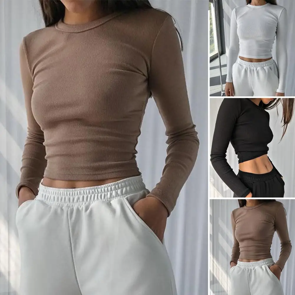 

Women Skinny Knitted T-shirt O-Neck Long Sleeves Autumn Winter Sexy Ribbed Navel Exposed Cropped Tops Blouses Streetwear