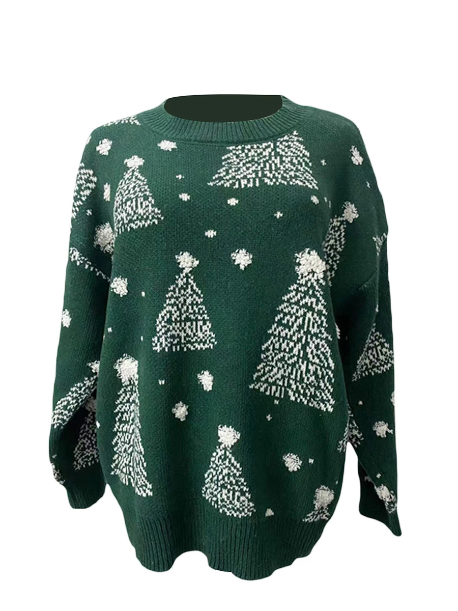 

Women Christmas Fluffy Ugly Crewneck Knit Sweater Snowflake Xmas Tree Pattern Long Sleeves Pullover Knitwear Tops