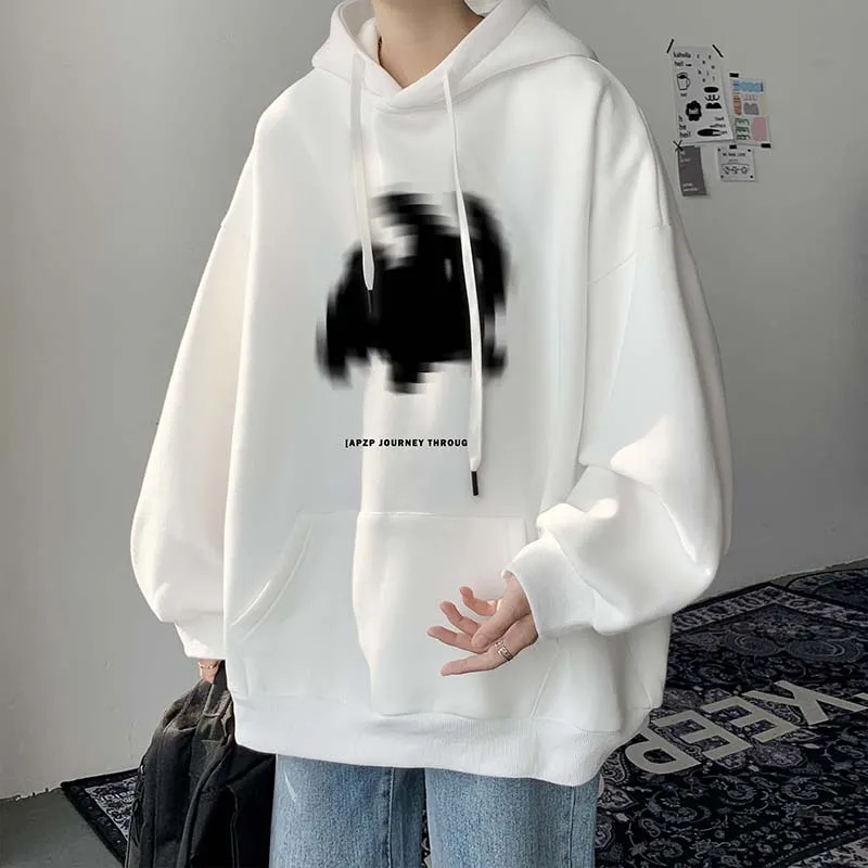 

Hybskr Korean Men Hoodies Fashion Rabbit Graphic Hooded Pullovers Baggy Autumn New Streetwear Drop Shoulder Male Sweatshirts