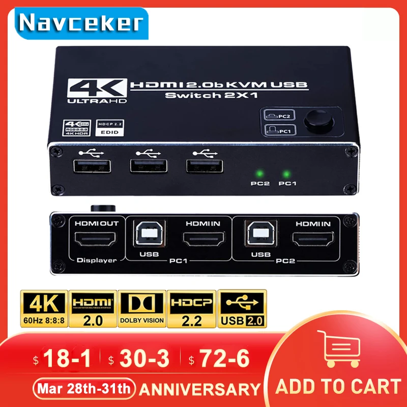 2022 4K 60Hz KVM Switch HDMI 2 Port USB PC Computer Keyboard Mouse Switcher Box for Laptop PS4 Xbox | Электроника