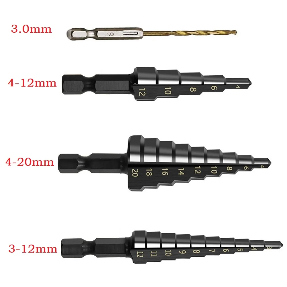 4pcs 3-12mm/4-12mm/4-20mm Nitrogen Coated Straight Groove Step Drill Bit Hole Cutter For Building Cutting Steel Copper Wood
4pcs 3-12mm/4-12mm/4-20mm Nitrogen Coated Straight Groove Step Drill Bit Hole Cutter For Building Cutting Steel Copper Wood