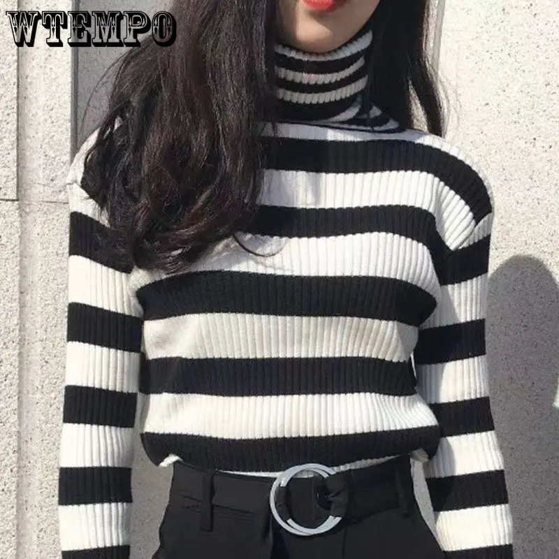 Свитер-водолазка в черно-белую полоску, трикотажная Базовая рубашка, весна-осень, облегающий пуловер с длинным рукавом, Модный пуловер 
Свитер-водолазка в черно-белую полоску, трикотажная Базовая рубашка, весна-осень, облегающий пуловер с длинным рукавом, Модный пуловер