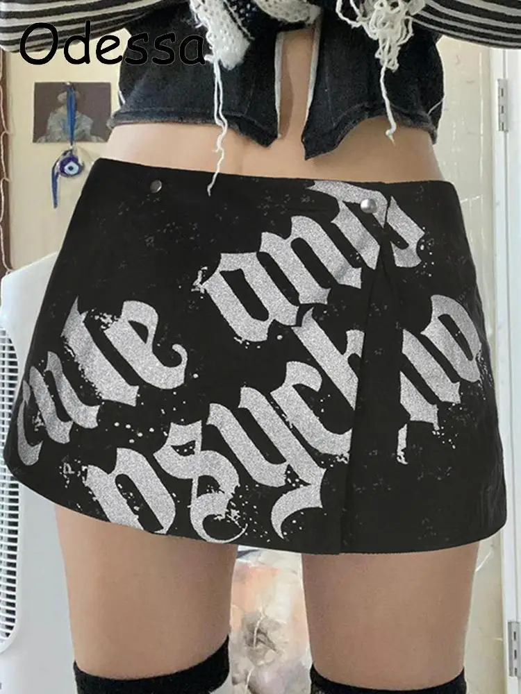Odessa Y2K Letter Print Low Waist Black Micro Skirts Women Streetwear A-Line Skirt Aesthetics Outfits Button Cute Bottoms 2022
Odessa Y2K Letter Print Low Waist Black Micro Skirts Women Streetwear A-Line Skirt Aesthetics Outfits Button Cute Bottoms 2022