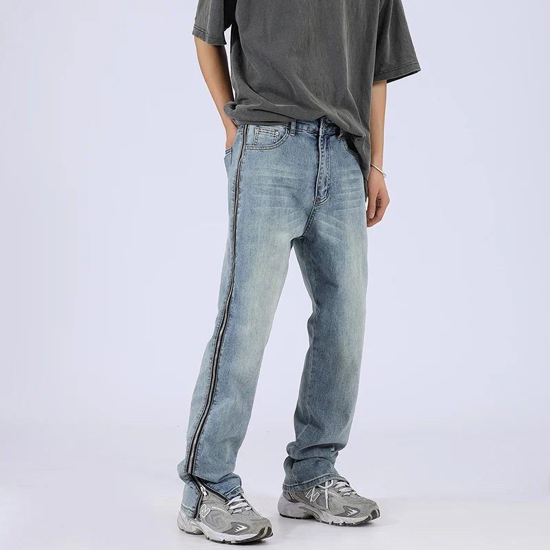 High Street Side Zipper Vibe Style Straight Retro Jeans for Men Washed Pockets Solid Casual Denim Trousers Oversized
High Street Side Zipper Vibe Style Straight Retro Jeans for Men Washed Pockets Solid Casual Denim Trousers Oversized