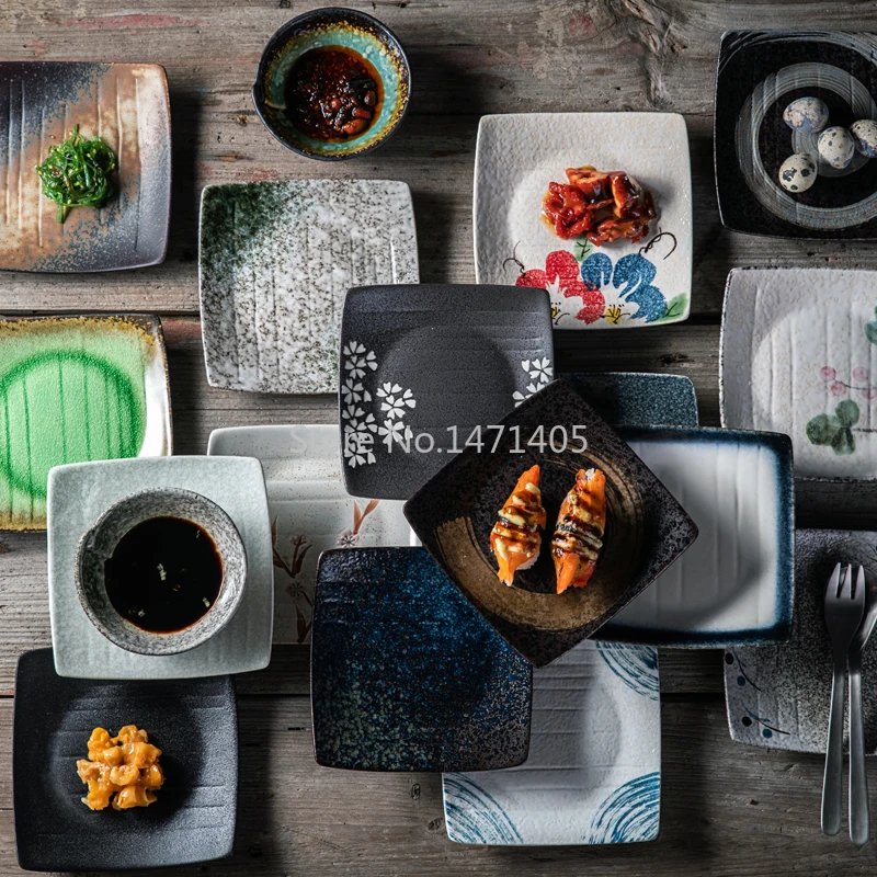 

Керамическая тарелка в японском стиле, квадратная обеденная тарелка, креативная керамическая посуда, блюдо для закусок, блюдо для закусок, блюдо для суши