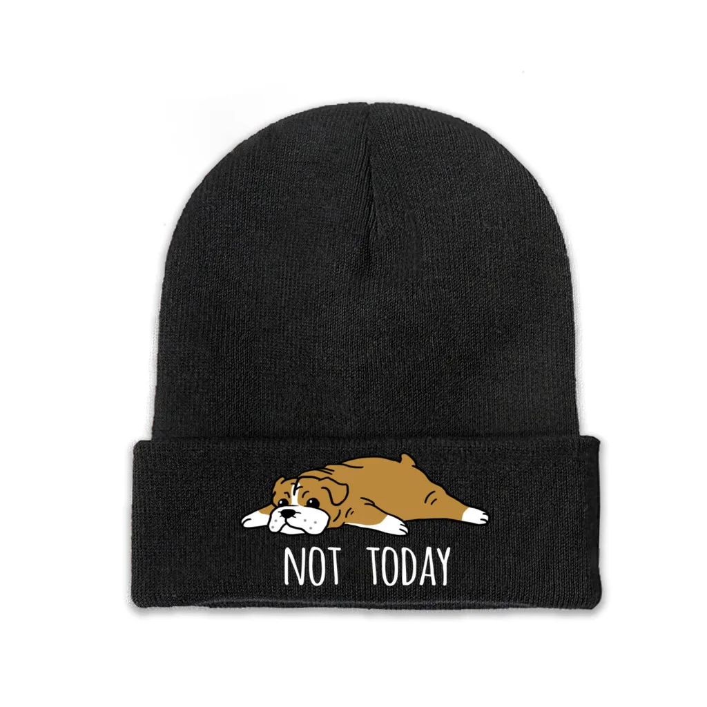 

Funny Not Today English Bulldog Dog Knitted Caps for Women Men Beanies Winter Hats Polyester Crochet Cap