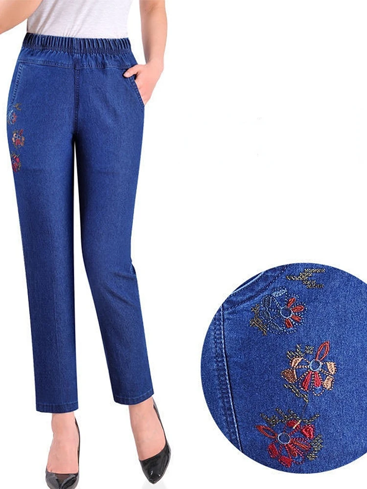 

Женские брюки, весенние облегающие джинсы стрейч с вышивкой на талии, модные женские джинсы стрейч, повседневные брюки