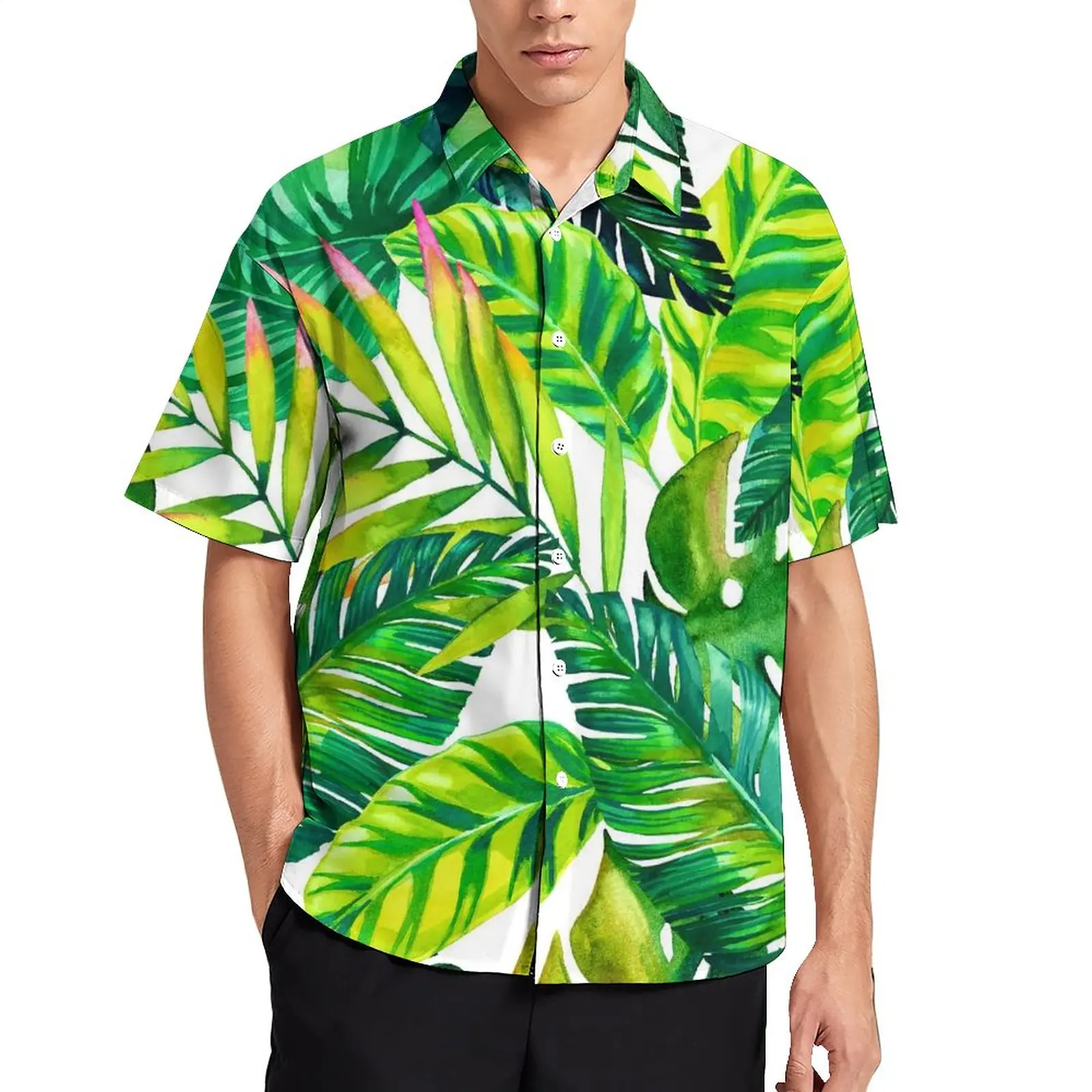 

Зеленая рубашка для отпуска с пальмовыми листьями, мужская рубашка с тропическим принтом растений, женская рубашка оверсайз с коротким рук...