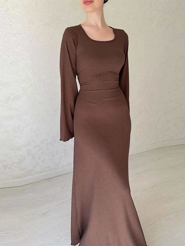 

Элегантное тонкое однотонное трикотажное платье макси для женщин, модные платья с квадратным вырезом и длинным рукавом, осень 2023, женское шикарное Клубное платье