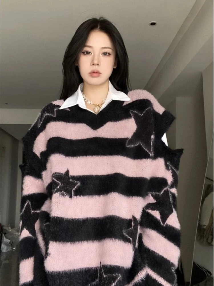 

New Soft Waxy Style Pullover Star Stripe Splice Sweater Womens Slouchy Relaxed Premium Thickened Knitwear Autumn And Winter