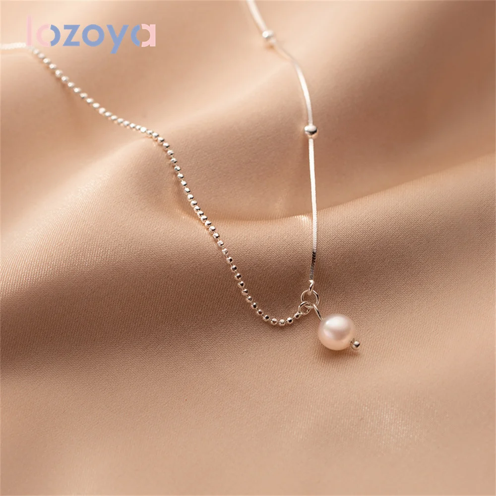 

Lozoya 925 Silver Chains Woman Simple Fashion Fine Long Pearl Necklace Pendant Temperament Asymmetric Jewelry Clavicle Chain