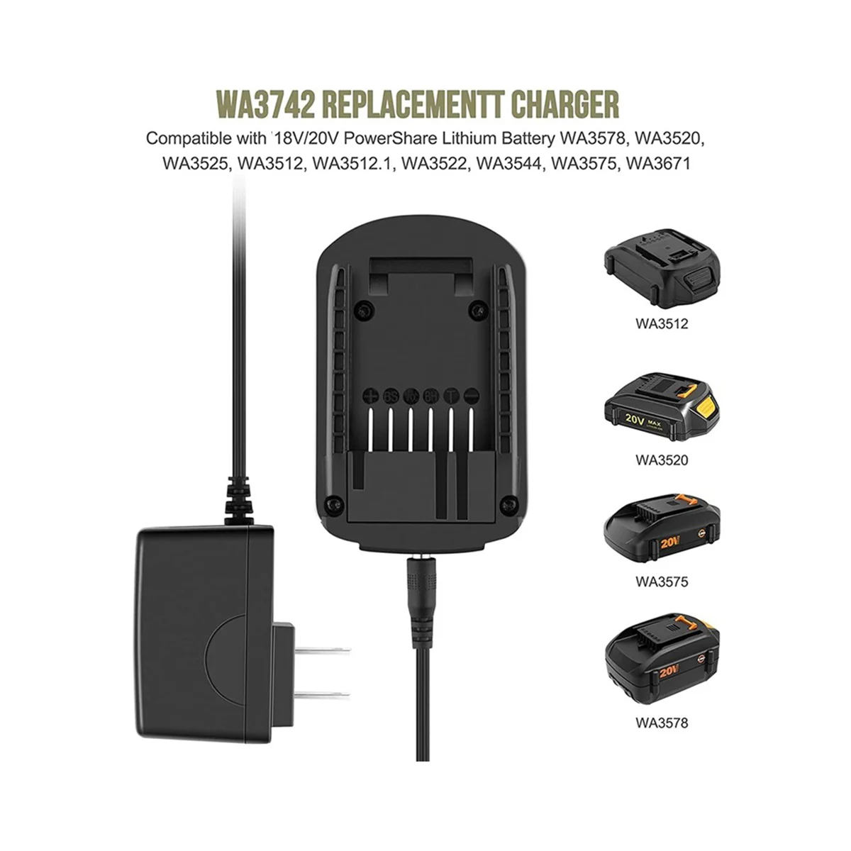 

WA3732 Charger WA3742 20V Battery Charger for Worx 20V Lithium Battery WA3578 WA3525 WA3520 WA3575(EU Plug)