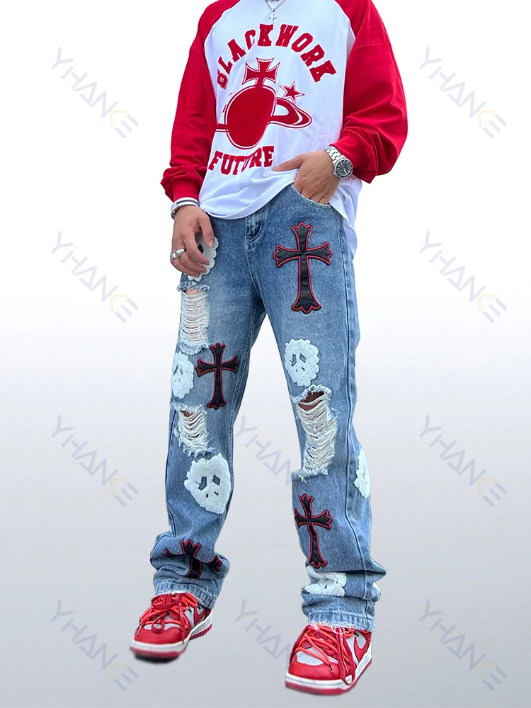European and American Style Street Embroidery Cross Patch Ripped Men's Jeans High Street Retro Trend Straight Loose Trousers
European and American Style Street Embroidery Cross Patch Ripped Men's Jeans High Street Retro Trend Straight Loose Trousers