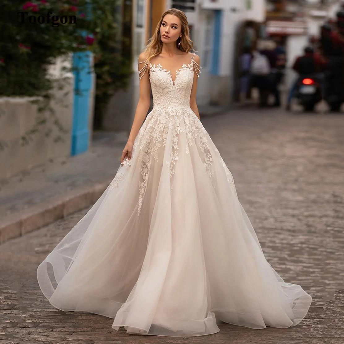 Toofgon Delicate Appliques Lace Bridal Dresses A Line Formal Boho Bride Wedding Dress Party Gowns Nude Scoop robe de mariée
Toofgon Delicate Appliques Lace Bridal Dresses A Line Formal Boho Bride Wedding Dress Party Gowns Nude Scoop robe de mariée