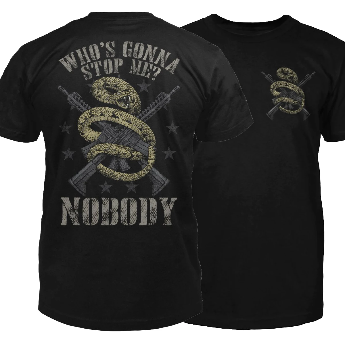 

Who's Gonna Stop Me Nobody! Novel Unique Rattlesnakes Entwined Crossed Rifles Printed T-Shirt. Cotton Short Sleeve Mens T Shirt