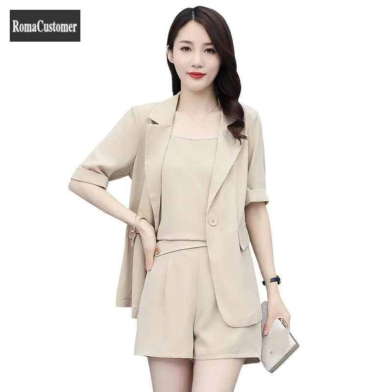 Large Size Womens Summer New Sets Short Sleeve Suits Jackets Solid Strap Blouse Elegant Female Trend Shorts Three-Piece Set
Large Size Womens Summer New Sets Short Sleeve Suits Jackets Solid Strap Blouse Elegant Female Trend Shorts Three-Piece Set