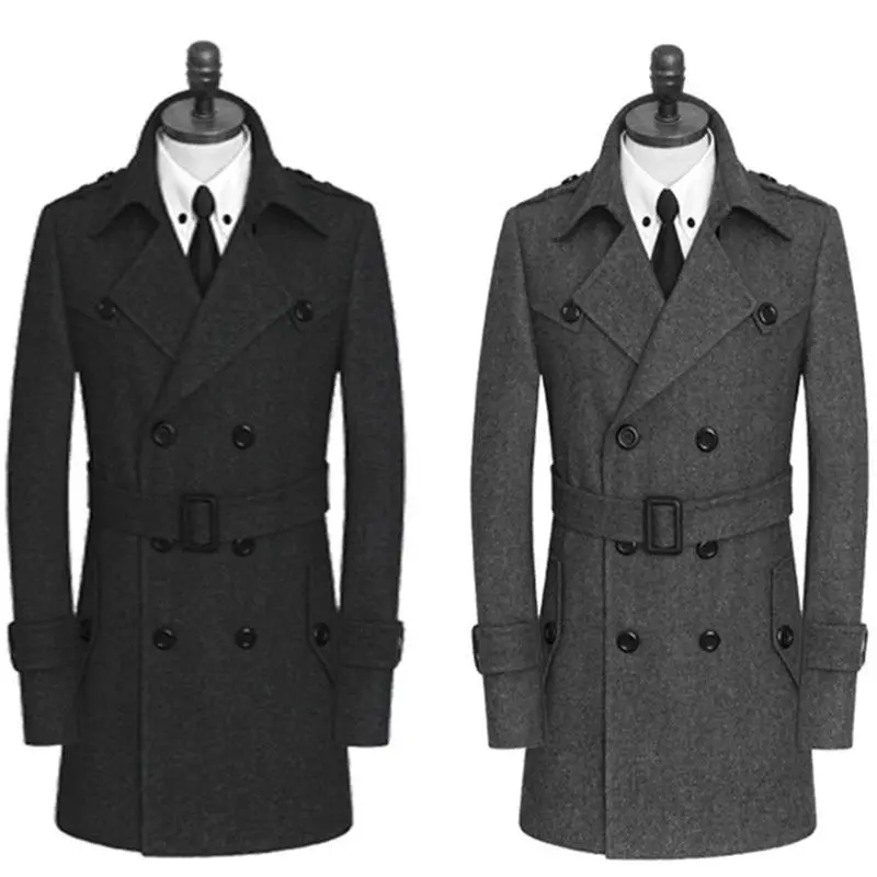 

Повседневное двубортное Мужское пальто из смесовой ткани, тренчкот, мужское шерстяное пальто, куртка средней длины, Мужская одежда, ветровк...