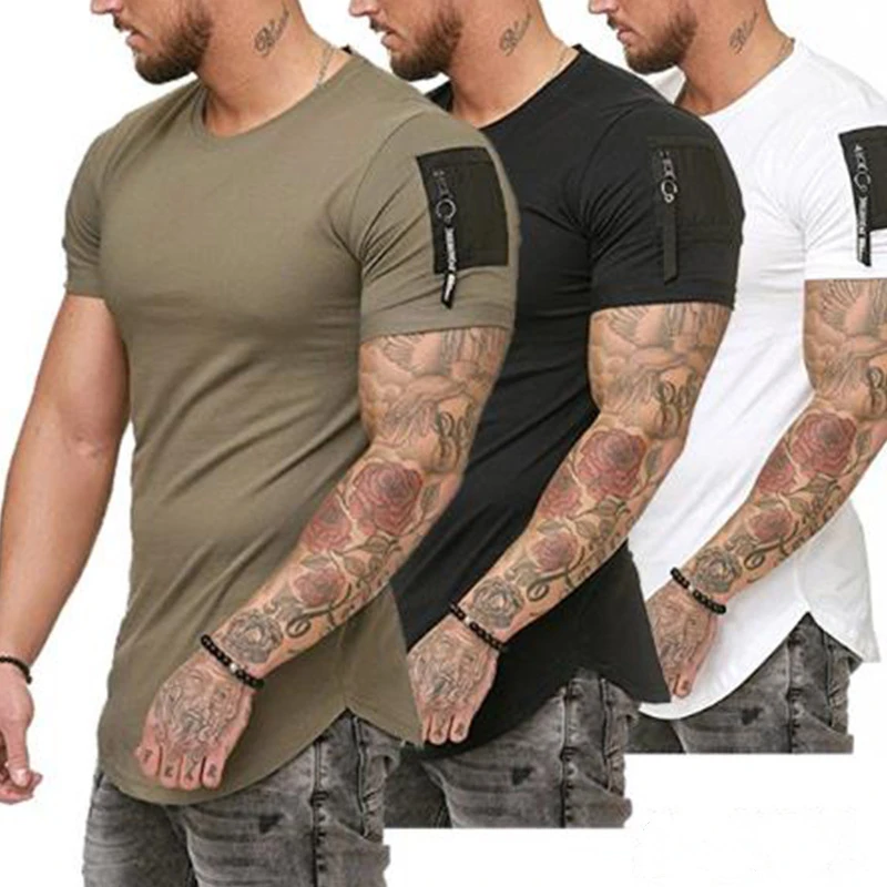 

B8806 Short Sleeve Zipper Shoulder Streetwear Hip Hop Summer T Shirt Men Longline Curved Hem Tshirt Slim Funny T-Shirt Plus