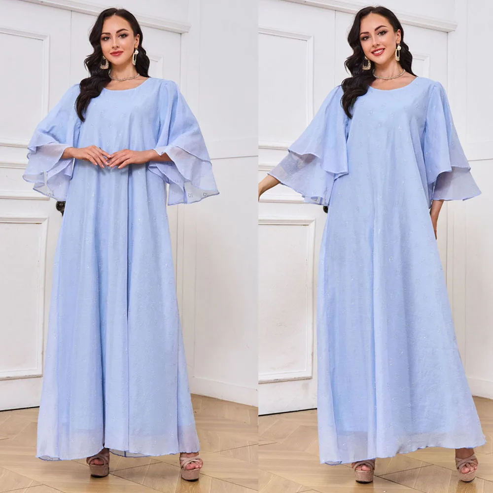Женское многослойное платье с коротким рукавом, длинное платье в мусульманском стиле, с расширяющимся книзу рукавом, Повседневное платье с бриллиантами, Дубай, марокканский, арабский халат, джабия, лето 
Женское многослойное платье с коротким рукавом, длинное платье в мусульманском стиле, с расширяющимся книзу рукавом, Повседневное платье с бриллиантами, Дубай, марокканский, арабский халат, джабия, лето