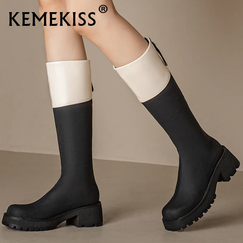 

KemeKiss Long Boots Women Thick Bottom Mixed Color Real Leather Shoes 2023 New Female Boots Casual Fashion Footwear Size 34-40