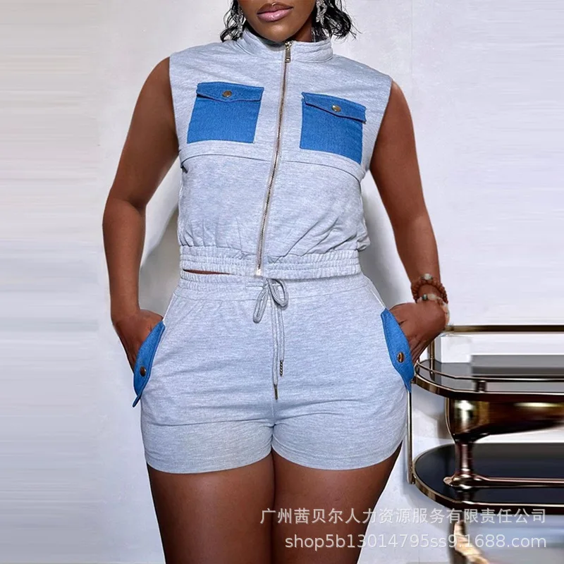 Women Slim Patchwork 2-Piece Suit Women Sleeveless Zipped Stand Collar Vest Jacket Drawstring High Waist Straight Shorts Suit
Women Slim Patchwork 2-Piece Suit Women Sleeveless Zipped Stand Collar Vest Jacket Drawstring High Waist Straight Shorts Suit