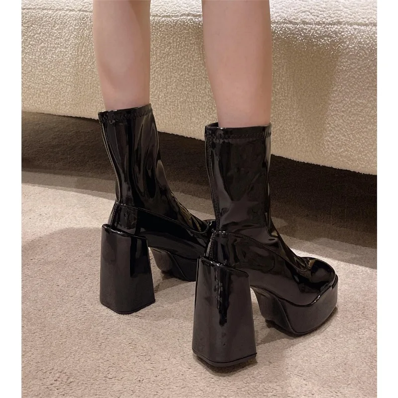 

Женские ботильоны из лакированной кожи, черные ботинки на высоком каблуке, с квадратным носком, на толстом каблуке, новинка осенне-зимнего сезона 2023