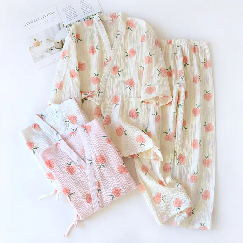 

Ladies Kimono Pajamas Set Pijanas Nightwear Homewear Crepe Cotton Japanese Spring Autumn Sweet Loose Sleepwear Women Loungewear