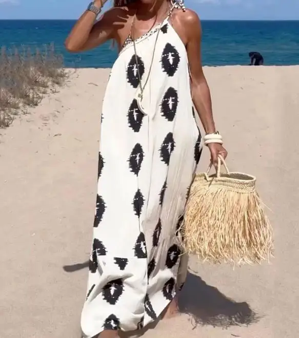 

Платье женское длинное на одно плечо, повседневное модное пляжное свободное с принтом, с завышенной талией, без рукавов, для отпуска, лето