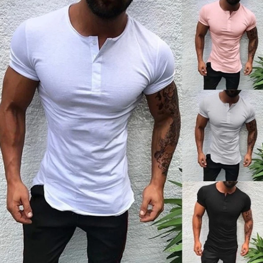 

Men Henley Shirt new Tee Tops Short Sleeve Stylish Slim Fit T-shirt Button Collar Casual Men Outwears Clothing Man