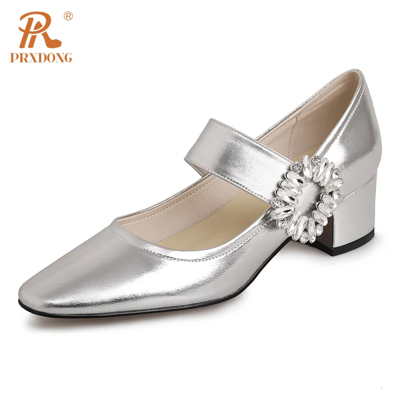 

PRXDONG New Classics Genuine Leather Med Heels Round Toe Crystal Mary Janes Shoes Woman Pumps Black Silver Dress Party Office 39