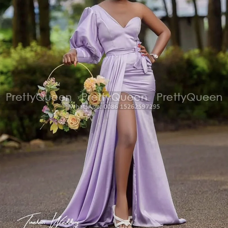Lilac Satin High Slit Mermaid Bridesmaid Dresses With Single Long Sleeves Streamer Mermaid One Shoulder Bridal Party Dress
Lilac Satin High Slit Mermaid Bridesmaid Dresses With Single Long Sleeves Streamer Mermaid One Shoulder Bridal Party Dress